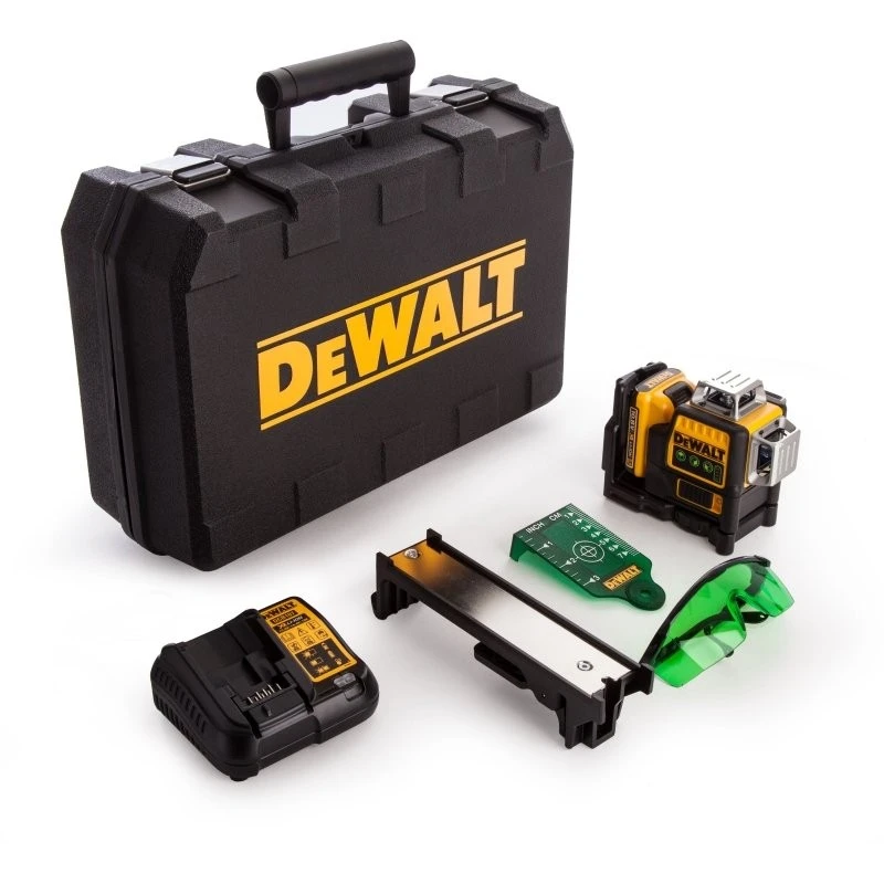 Лазерен линеен нивелир 360° DeWALT DCE089D1G , 3 зелени лъча , батерия 10.8V , зарядно, куфар, очила
